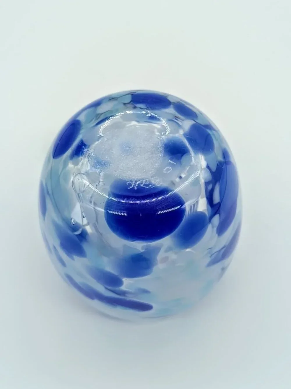 Blue White Artisan Glass Votive Candle Holder - Signed